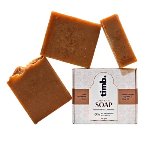 Image of Timb Tan Removal Bath Soap Bar | Handmade Cold Processed Skin Brightening Bathing Soap | With Mango Ginger, Manjistha & Olive Oil | 100% Chemical Free | For Men & Women - 100g (Pack of 3)