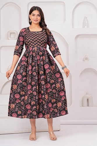 Image of The Moon Star Women's Cotton Floral Printed Anarkali Maternity Feeding Kurti | Breastfeeding Dress for Mothers | Zipper Feeding Kurti, Nursing Kurti, Comfortable and Trendy Maternity Wear