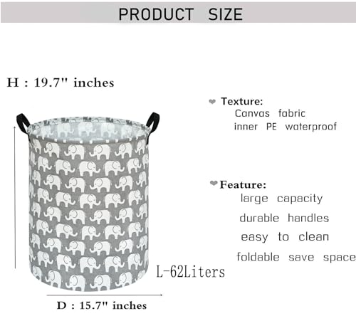 Image of Kids Laundry Hamper Clothes Gift Basket Storage Laundry Baskets Organizer Bin with Handles for Nursery Room (Elephant)