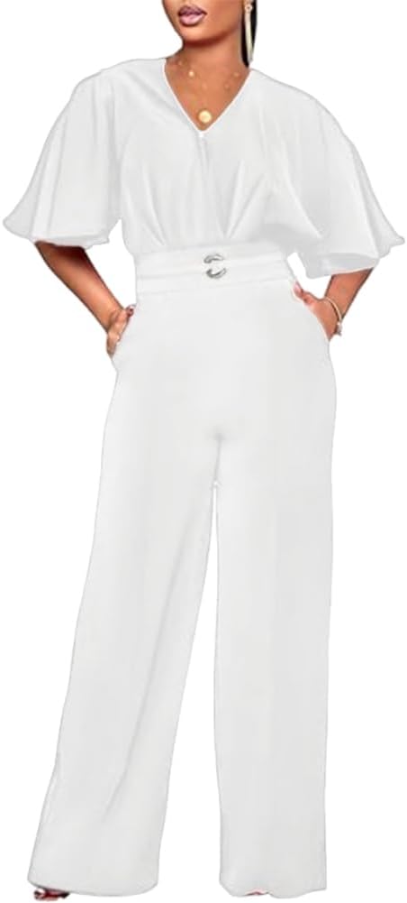 HWP Dressy Jumpsuits for Women Elegant One Piece Jumpsuits V-Neck Ruffle Short Sleeve Wide Leg Ladies Jumpsuit Rompers