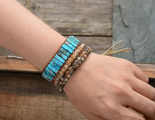 Sofiacreations Natural Gemstone Crystal Tube Beads Handmade Cuff Wrap Bradied Leather Bracelet, Lapis Lazuli, Tiger's Eye, Turquoise, Sea Sediment Jasper (Turquoise) #TOP2