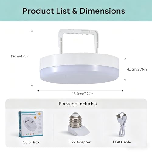 NCBNCB E27 UFO LED Camping Light Bulb,5000LM 30W 195W Equiv 7Inch 8500K White Light,4000mAh USB Rechargeable Tent Lantern Magnet Hook SOS,Portable Emergency Light Camping Garage Power Outage Household - image 8