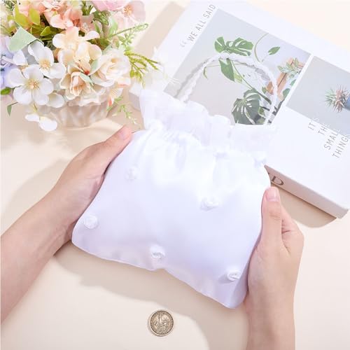 HOBBIESAY Bridal Money Bag Satin Bridal Money Handbag White Pearls Embroidery Silk Drawstring Handle Bag with Pearl for Dollar Dance Wedding Favor Party Decorated Tote Purse Bride Purse - Thumbnail 2