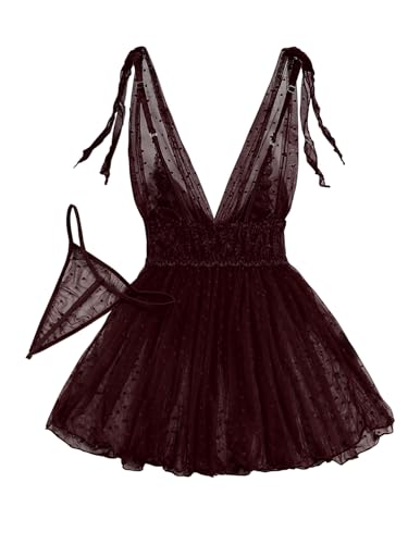 Image of Lilosy Sexy Polka Dots Mesh Sheer Lace Babydoll Chemise Lingerie Set Floral Sleep Wear