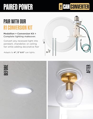 Image of The Can Converter Ceiling Medallion for Recessed Can Light - Home Improvement Decorative Steel Goof Ring & Cover Plate for 4'', 5'' & 6″ Cans, Small Ceiling Medallion for Chandeliers, White
