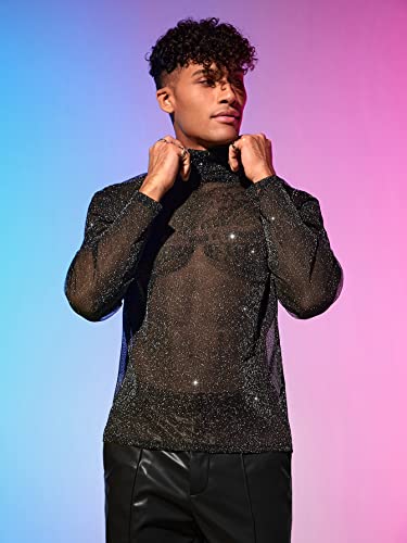 WDIRARA Men's Glitter Mesh Sheer Turtle Neck Long Sleeve See Throught Tee Tops Partywear4