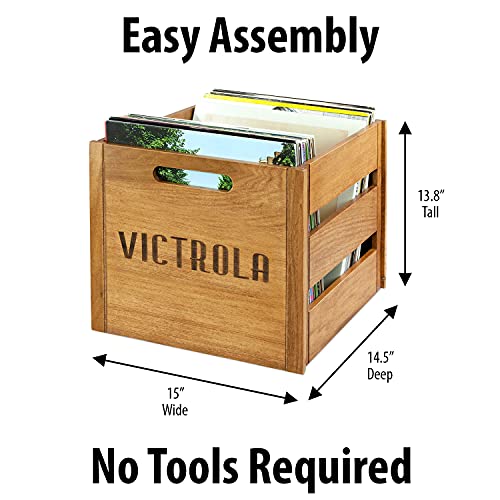 Image of Victrola Wooden Record Crate - Tabletop Vinyl Album Holder, No-Tool Assembly, Holds Over 50 Records, Real Wood Construction, Elegant Design (Natural Wood)