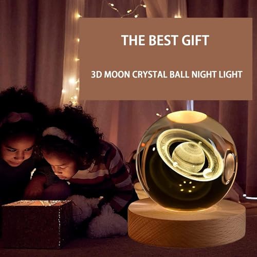 Image of STARKENDY3D Saturn Crystal Ball LED Night Lamp, Creative Engraved Night Light Wooden Base, Warm White Decorative Table Lamp for Home, Office, Bedroom, Birthday Gift