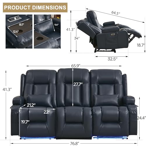 Image of URRED Wall Hugger Power Recliner Sofa with Massage and Heat,Dark Blue
