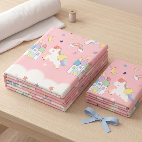 Image of Filymore Pink Star Unicorn Kids Fitted Diwan Set 8 Pieces - Microfiber Diwan Bedsheet Set with 5 Cushion Covers & 2 Bolster Covers | Soft Unicorn Print Diwan Cover Set for Girls Room