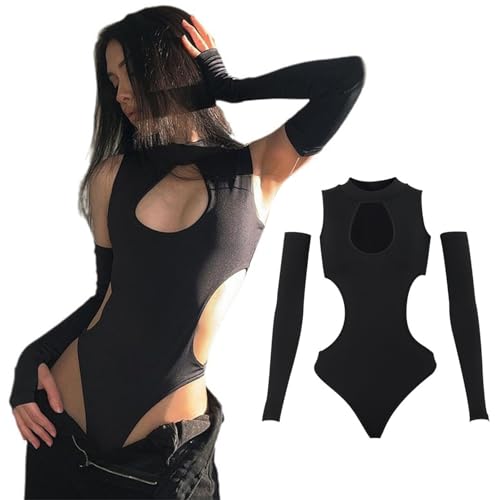 Women's y2k sexy hollow out long sleeve tank bodysuit summer skinny leotard tops streetwear outfit