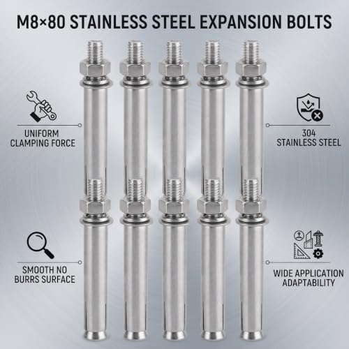 Image of Eujgoov 10Pcs Stainless Steel Expansion Bolts M8x80 Hex Nut Expansion Bolts Anchor Accessories for Home Improvement