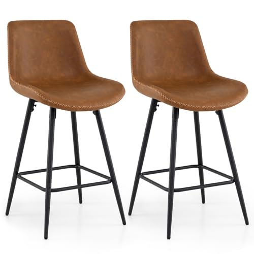 Taburetes de bar COSTWAY de cuero sintético, sillas altas de 24 pulgadas con respaldo ergonómico y reposapiés, patas metálicas resistentes, para isla de cocina o bar, fácil montaje, marrón + negro (juego de 2) miniatura 1