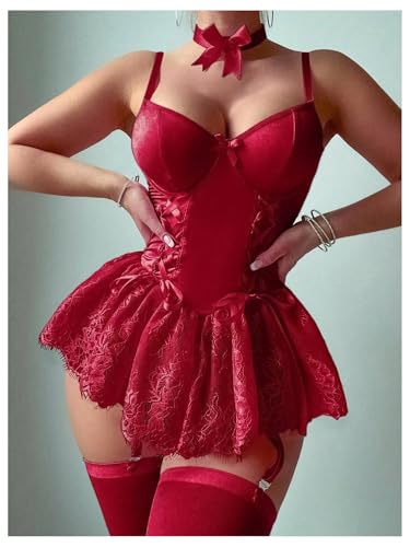 Image of SHENHE Women's Lace Babydoll Garter Lingerie Dress with Thong and Stockings Set