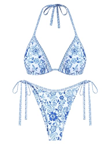 Image of ZAFUL Womens Printed Triangle Bikinis 2 Piece Halter Bikini Sets High Cut Bathing Suit Side Tie Swimsuits