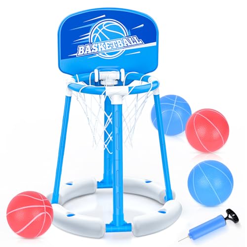 Pool Basketball Hoop with Backboard, Floating Pool Toy with 4 Balls and Pumps, Pool Basketball Game Outdoor Toy for Kids Adults Family Party Water Summer Toys (Red) (Blue-with Board)