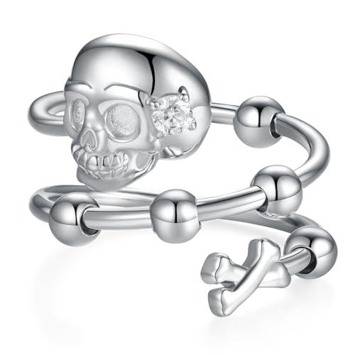 qielizhu Skull Ring 925 Sterling Silver Skull Ring Anxiety Relief Rings Anti Anxiety Stress Ring with Bead Spinner Rings Jewelry Gifts for Women (8)