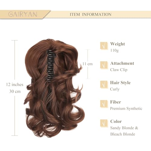 Gairyan 12" Clip in Ponytail Hair Extensions Curly Ponytail Extension Claw on Pony tails Wavy Synthetic Hairpieces for Women Real Look Short Wave (Dark Brown & Dark Auburn) - Image 2