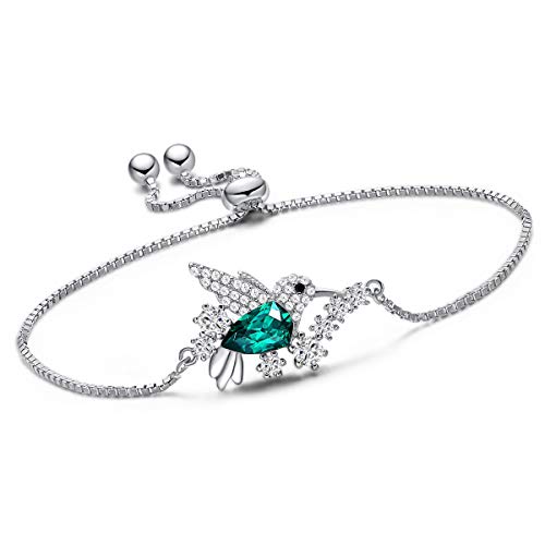 Hummingbird Bracelet With Green Austrian Crystal Adjustable For Women Mom Wife Girls In Sterling Silver 925 - Animal Shape Bracelet With Bird Gemstone Crystals #TOP6