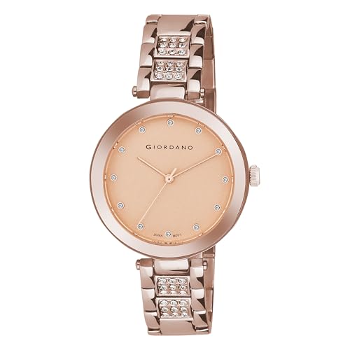 Giordano Eleganza Collection A2037 - Reloj analógico para mujer con variante de color y correa de metal con tachuelas de cristal para complementar tu aspecto, regalo para mujer, Esfera: Oro Rosa