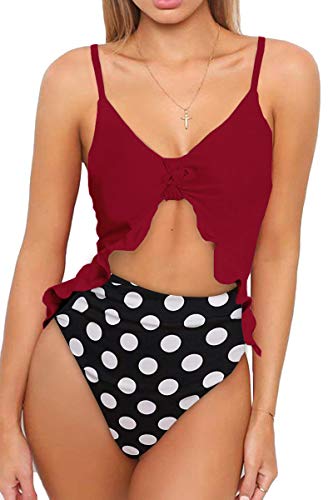 Saodimallsu Womens High Waisted Flounce 2 Piece Swimsuits Sexy Tie Front Lace up Retro Bikini Sets Swimwear Red