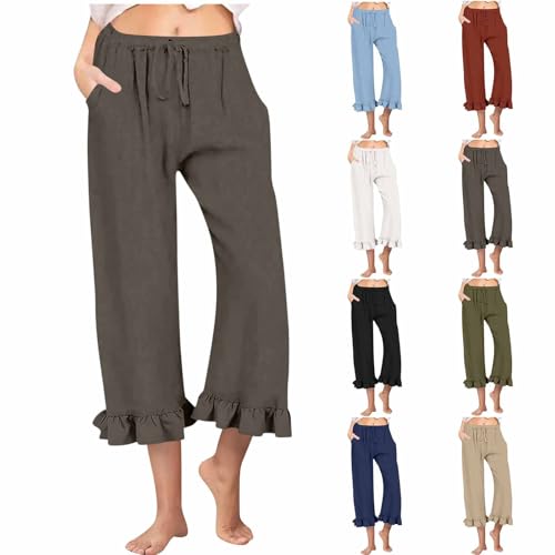 HGps8w Ruffle Hem Linen Capris for Women Casual Elastic Waist Sweatpants Comfy Loose Workout Lounge Pants with Pockets2