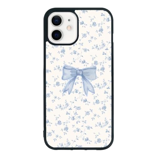 qizjio Cute Blue Bow Phone Case Shockproof Protective Aesthetic Floral Blue Flower Phone Case for iPhone 11