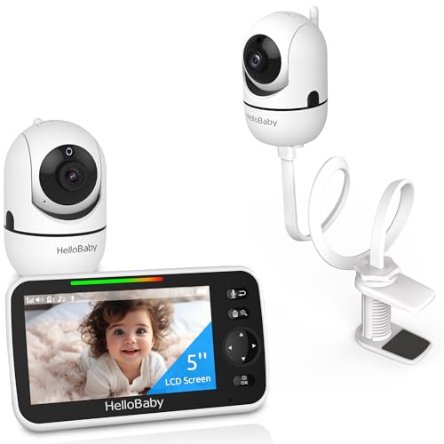 Image of HelloBaby Clip Clamp Mount Baby Monitor with 2 Cameras, 5'' IPS Screen, and 26-Hour Battery - No-WiFi Baby Monitor with Flexible Gooseneck Arm
