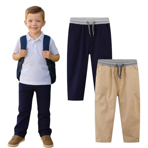 Kids Boy Chino Pants School Uniform Elastic Stretch Khaki Blue Cargo Joggers