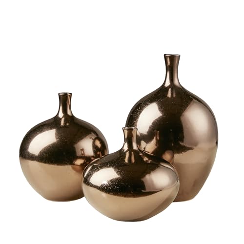 Madison Park Signature Ansen Ceramic Handmade Vase Set Home Décor - Metallic Accent Living Room Decoration Ideal for Shelf, Side Table, Mantle Ornaments, Multi Size, Bronze 3 Piece by Madison Park - Used condition - CA$47.55