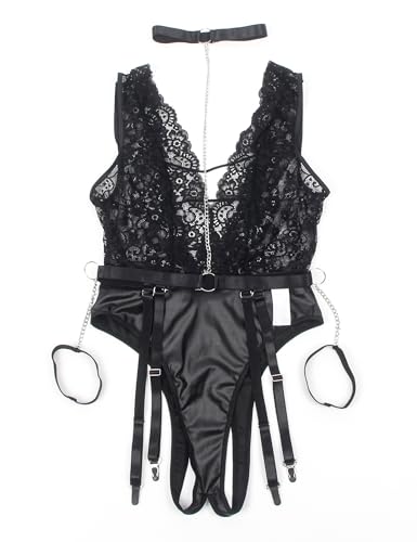 comeondear Lingerie feminina preta sexy de renda com decote em V profundo em couro sintético com cin