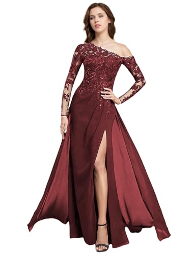 Sheath Dress Mother of The Bride Dress Elegant One Shoulder Floor Length Chiffon Long Sleeve Lace Solid Color 2025