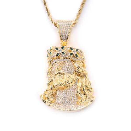 LuxeFlex Iced Out 5A Zircon Jesus Pendant Necklace for Men and Women 14K Gold Plated Simulated Diamond Bling Cross Hip Hop Necklace (Green-Gold)