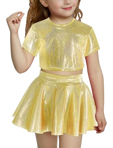 Image of Girls Metallic Sparkly Crop Top and Ruffle Mini Skirt Rave Party Jazz Dance Circus Performance Outfit