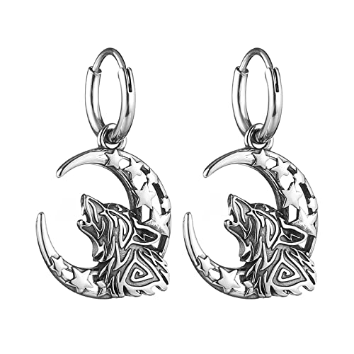 HZMAN Viking Wolf Dangle Drop Earrings for Men Women Stainless Steel Retro Gothic Punk Howling Wolf Moon Earring Biker Party Jewelry Gift