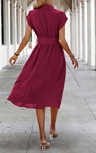 Image of ECOWISH Womens Casual Midi Dresses Solid V Neck Short Sleeve Button Shirt Belted Dress with Pockets for Spring Summer 2026
