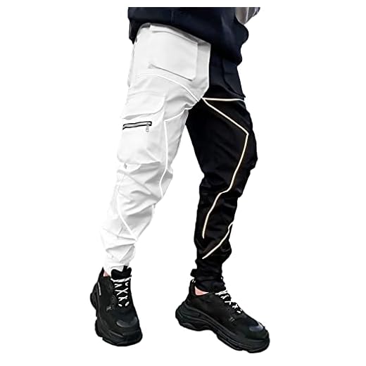 Mens Cargo Pants Hip Hop Techwear Harem Pant Jogger Sweatpants with Pockets Jogging Punk Black/White XXL