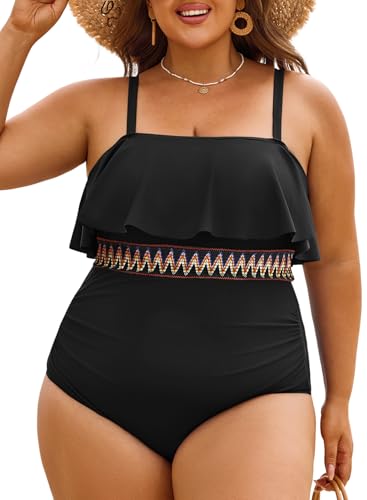 Eytino Womens Plus Size One Piece Swimsuit Ruffle Trim Tummy Control Bathing Suits Waist Striped Swimwear(1X-5X)