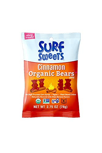 Surf Sweets Cinnamon Organic Bears - Vegan Cinnamon Bear Candy, Gluten Free Snacks for Kids and Adults, Hot Cinnamon Candy, Made with Organic Sugar, Allergy Friendly, Kosher - 2.75 oz Bag (Pack of 12)