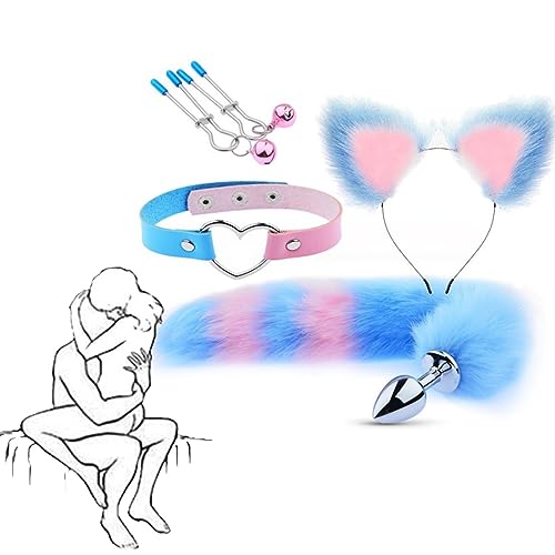 LQSSA 𝙎𝙚̣𝙭 𝙏σ𝙮𝙨 Un Set di Accessori per Coda di Volpe con Fascia per Orecchie di Gatto Godetevi La Coppia Giocosa E Affascinante! Cosplay Set di Quattro Pezzi Blu Un Regalo per Uomini E Donne
