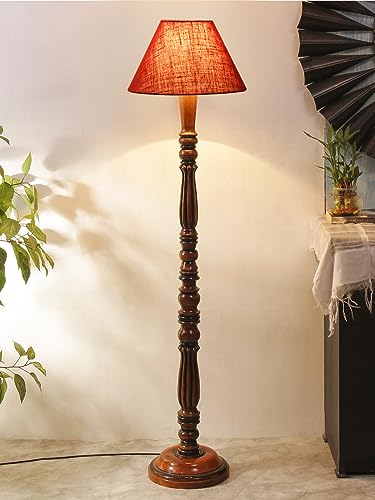 Image of Maroon Jute Shade Wooden Floor Lamp with Wooden Base, Height - 53 Inches | Contemporary Standing Lamp for Living Room, Bedroom & Office | Elegant Lighting for Stylish Home Interiors