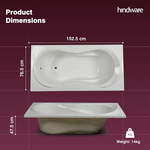 Image of Hindware Trendy Bathtub for Bathroom | ABS Body | Floor Mount | White | Size: 5.00 x 2.51 x 1.56 ft (LxWxH) | 1 Year Warranty | Fixing Kit & Accessories Not Included