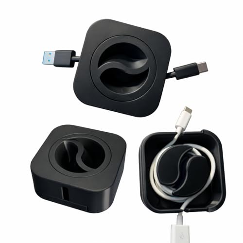 Image of Cable Winder Box Retractable Charging Cable Case USB Organizer Box | Portable Cable Winder Reel Spool Wrap Holder | Travel Desk Cord Management Storage Tangle Free (Black)