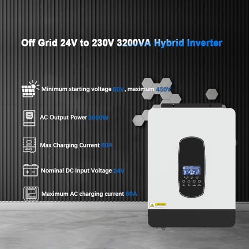 Y&H 3200W Solar Hybrid Inverter DC24V to AC230V, Off-Grid Pure Sine Wave Inverter with 80A MPPT Solar Charger+AC Charger