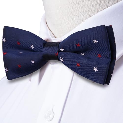 Image of Hi-Tie Blue Bow Ties for Men Flag Pre-Tied Pocket Square Lapel Pin Cufflinks Mens Bowtie Sets for Wedding Formal Party