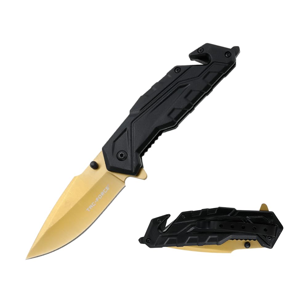 Tac-Force Pocket Folding Knife, 8.85" Overall Length, 4.09" Blade, Black Nylon Fiber Handle with Glass Breaker, Pocket Clip, Gold Blade, EDC - TF-2004GD