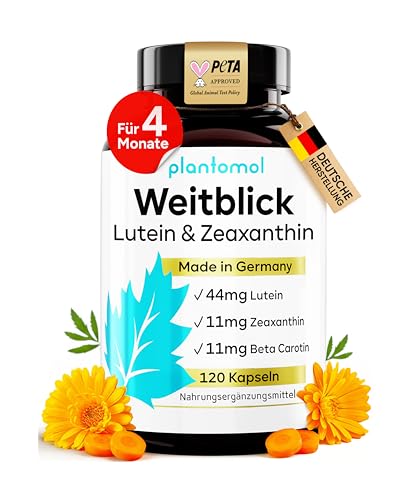 Lutein Zeaxanthin Kapseln - Augenvitamine hochdosiert mit 44mg Lutein + 11mg Zeaxanthin + 11mg Beta Carotin - 4 Monatsvorrat Augen Kapseln - Weitblick