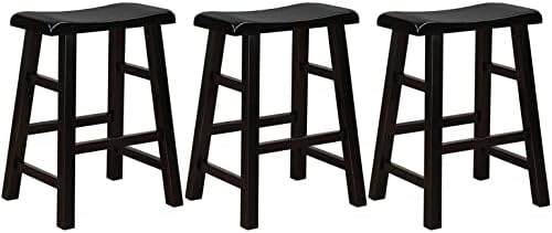 eHemco 24" Heavy-Duty Solid Wood Saddle Seat Kitchen Counter Height Barstools, Antique Black with Red Edging, Set of 3