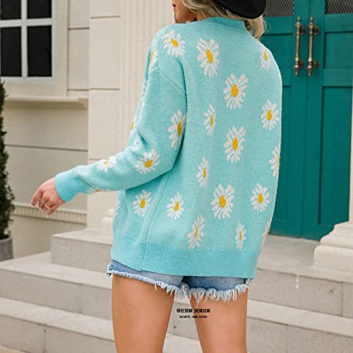 Image of Women's Floral Print Long Sleeve V-Neck Sweaters Button Down Ribbed Cuffs Knit Cropped Cardigan Sweater