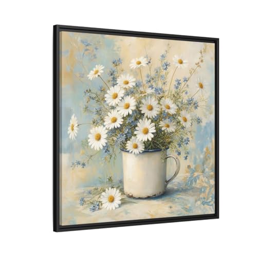 Tableau marguerites blanches sur toile encadrée noire 75x75 cm